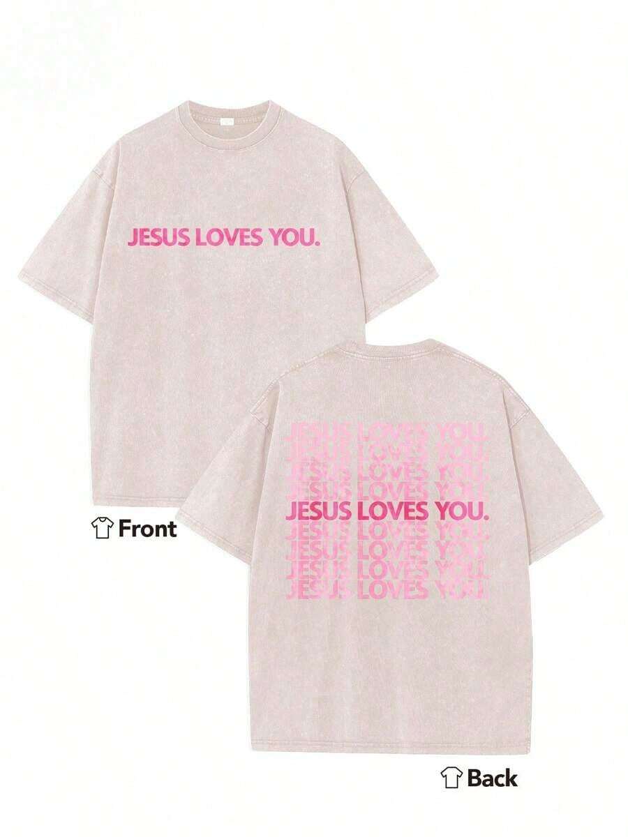 Summer Tops2026Heavyweight Washed T-Shirt - Jesus Loves You Religious Graphic T-Shirt, Pink-Green Background With Pink Letter Double-Sided Print - Christian Attire, Crew Neck Top, Suitable For Church, Casual Wear, Or As A Giftsummer Clothes - Màu be - Xem 1