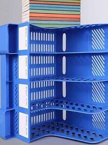 1个4格文件架桌面收纳盒，带笔筒，加厚文件袋，办公用品收纳 - 藍色 - 查看 4