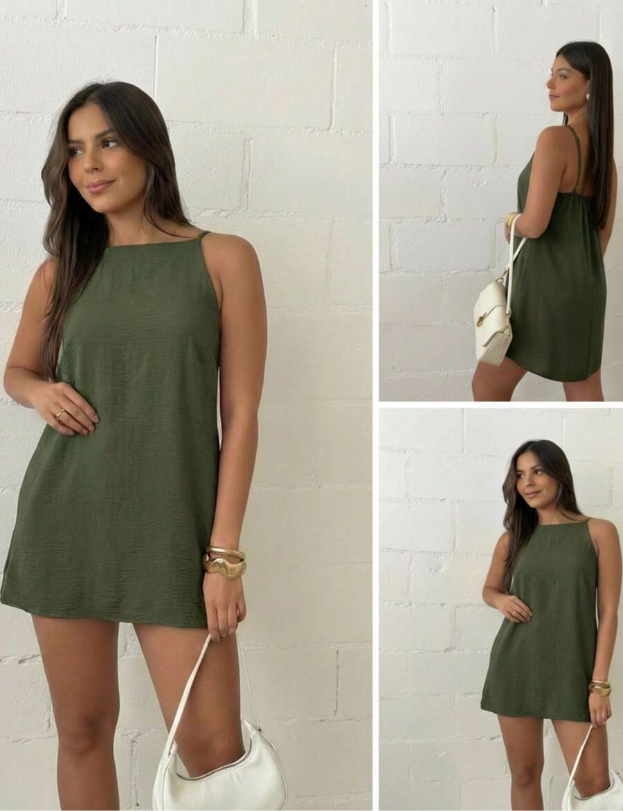 Little Dress Romper In Dune Print With Thin Straps - xanh quân đội - Xem 1