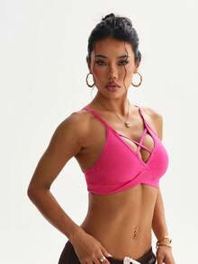 Women's Solid Color Removable Padded Racerback Sports Bra - Hot Pink - View 6