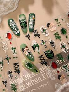 1件法式巴洛克庄园浮雕十字领结绿红宝石白蕾丝哥特风格5D美甲贴纸自粘美甲装饰，适合正式场合和特殊活动美甲贴纸 - 彩色 - 查看 5