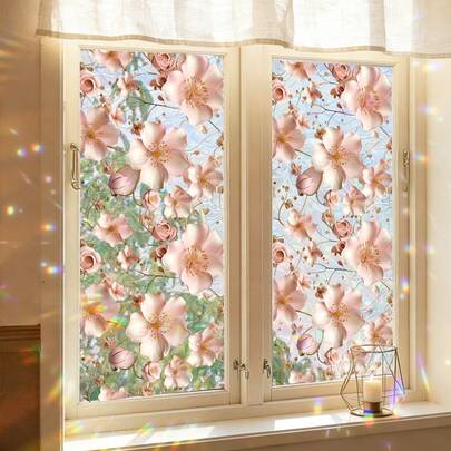 1/4pcs Elegant Floral Colored Glass Window Film, Reusable PVC Static Cling Privacy Film For Bathroom Glass Doors/Windows, Bedroom, Balcony And Office Decor