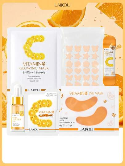  1 Set LAIKOU VC Mascarilla Facial, (Suero de Vitamina C de California 1.5ml + Mascarilla de Arcilla de Vitamina C 5g + Mascarilla Iluminadora de Vitamina C 25g + Mascarilla de Ojos de Vitamina C 6g + Mascarilla Facial de Noche de Vitamina C 3g + Parches Cubreojos de Vitamina C 24 piezas), Mascarilla Facial Hidratante y Mascarilla Facial Hidratante para Adultos Adecuadas para Viajes