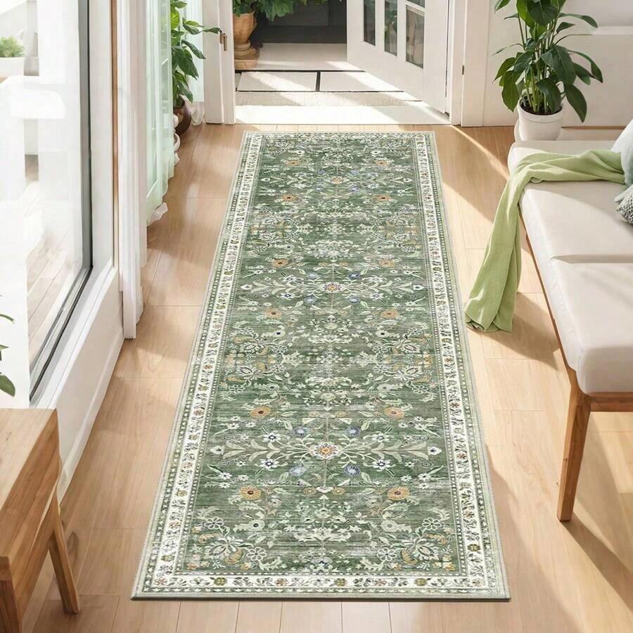 Flannel Washable Runner Rug 2x6 – Non Slip Boho Floral Hallway Runner Rug With Rubber Backing, Low Pile Faux Wool Distressed Carpet For Kitchen, Laundry, Bedroom, Entrance, Mottled Green - màu xanh lá - Xem 1