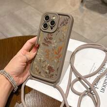 Convenient Lanyard Phone Case With Adjustable Lanyard And Shoulder Strap, Brown Autumn Leaf Design, Lightweight Shockproof TPU Protective Case Compatible With Apple Phones - Brown - View 2
