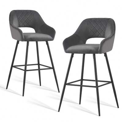 AINPECCA Bar Stools Set Of 2 Dark Teal Velvet Padded Bar Chairs With Footrest Armrest Kitchen High Stools Supported Black Metal Legs For Breakfast Bar, Counter, Kitchen And Home