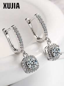 XUJIA 1 Pair 925 Sterling Silver Halo Moissanite Earrings, 6.5mm/8mm/9mm Moissanite, D Color VVS1 Round Cut, Dangle Earrings, Birthday Gift, Moissanite Center Stone, Surrounded By Cubic Zirconia - Silver - View 2