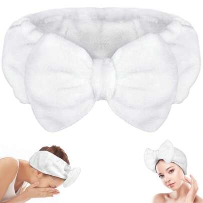 Spa Facial Makeup Headband With Bow Tie, Soft Plush Elastic Makeup Wash Cloth, Ladies Shower Bath Face Mask Summer Hair Accessories Beach Claw Clips Vacay Hair Clips