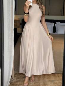 Đầm Unadoll dành cho nữ, cổ tròn, không tay, khóa kéo sau lưng, thiết kế xếp ly, thích hợp cho kỳ nghỉ, hẹn hò, sinh nhật, tiệc tùng và lễ hội mùa xuân. - Màu be - Xem 7