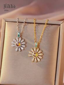 Hihho 1条双色向日葵锆石项链，清新活力少女风，精致颈链搭配小雏菊吊坠，可单独佩戴或叠戴，适合优雅、温柔和度假风。 - 太陽花 - 查看 2