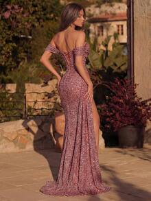 ADYCE Shoulder Cutout High Slit Sequin Ruffle Cocktail Party Maxi Dress With Long Ribbon, Elegant Formal Evening Gown For Wedding Guest, Formal Banquet Dress, Glamorous Sequin, Graduation Dress Spring - Dusty Pink - View 2