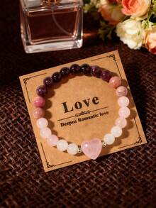 Summer Jewelry Bracelets For Women Pink Wedding Bracelet Beads Natural Stone Garnet Rose Quartz Heart Crystal Bangles Free Shipping Mother Day Teacher Gifts Burgundy Jewelry With Card - Baby Pink - View 5