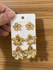 Juego de 6-12 piezas de aretes con temática de flores y océano en color dorado, adecuado para viajes y vacaciones en la playa - Dorado - Ver 4