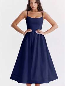 Gaun Pesta Elegan Musim Panas Wanita Ukuran Plus Warna Polos Seksi Leher U dengan Pinggang Berkerut - Navy Blue - View 6
