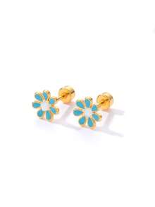 1 Đôi bông tai hình hoa xinh xắn, kiểu vặn vít, mạ vàng 18K chất lượng cao, độ dày 0.03μm. - Màu xanh nhạt - Xem 5