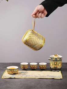 一套中国功夫茶具，方便野餐和露营，珐琅银龙功夫茶具旅行套装，生日和结婚礼物，1个茶壶，4个茶杯 - 彩色 - 查看 8