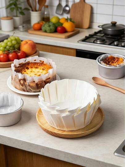 50张展开式烘焙纸垫，4/6/8英寸不粘硅胶涂层纸，适用于蛋糕模具、烤盘、烤箱、空气炸锅、厨房烘焙、烧烤、露营、派对、返校季等场合。