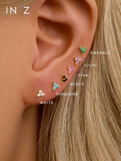 IN Z 1件925纯银彩色四叶草内螺纹唇钉，1对低过敏性14K金3颗锆石三角形扁平耳骨/耳廓耳环，男女通用日常佩戴