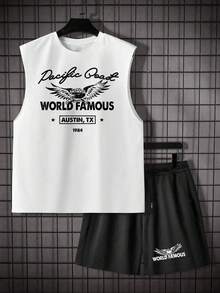 Voidago Men's Casual Graphic Print Round Neck Tank Top And Drawstring Waist Shorts Set - White - View 2