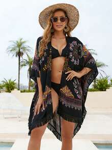 Beautiful Nomad 女士波西米亚风印花沙滩度假和服罩衫 黑色夏季 - 黑色 - 查看 4