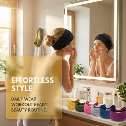 女士宽版发带，弹性防滑头巾，柔软透气，适合瑜伽、运动、化妆和日常佩戴，多种纯色可选