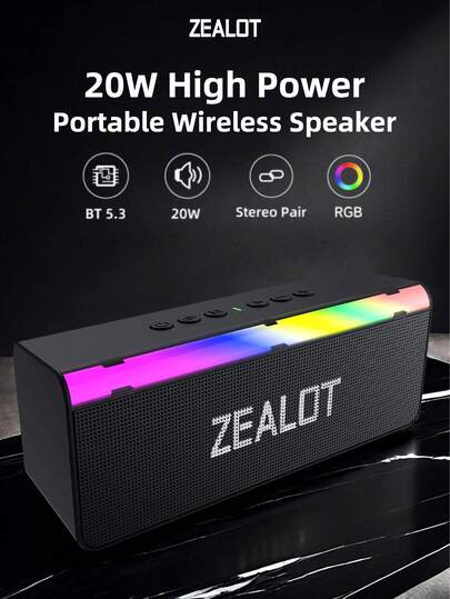  ZEALOT S72 20W 无线音箱，户外便携式双低音炮，立体声配对，支持 SD/USB/AUX/蓝牙，高品质大容量家用便携式音箱