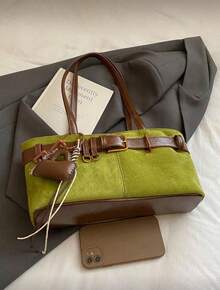 1pc Low Tea Solid Color Suede Fabric Shoulder Bag, Women's Retro Fashion Square Shoulder Bag With Top Double Handles, Zipper Closure, Suitable For Travel, Shopping, Dating, Women's Gift, Great For Commuting, Outdoor, Travel, Hiking , Green - màu xanh lá - Xem 3