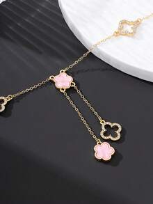 1 pieza Collar con colgante de trébol hueco con brillantes de lujo, clásico y elegante, de color rosa, dulce y con suerte, para mujeres - Rosa - Ver 5