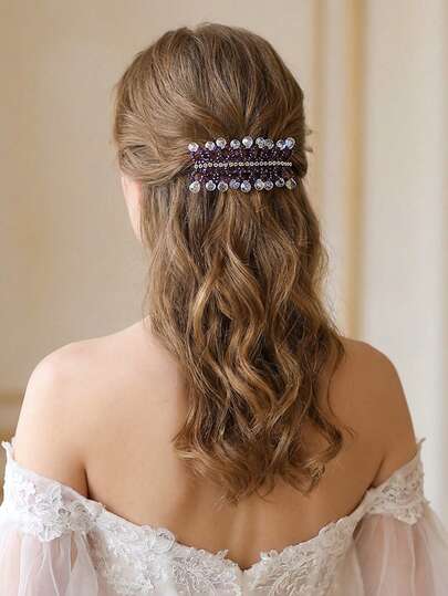 1pc Fashion Crystal Hair Clip Beaded Spring Clamp Hair Accessory, Suitable For Wedding, Photography, Holiday, Casual & Work Wear For Women