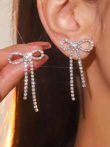 1 Pair Fashionable Cute Rhinestone Bowknot Earrings For Women - Silver - View 4