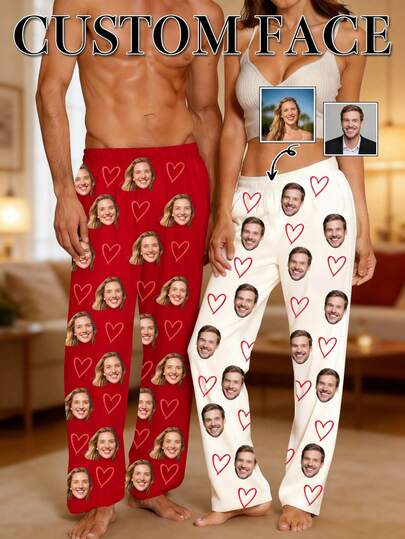 1PC Personalized Photo Pajama Pants For Men & Women – Custom Pet & Couple Face Designs, Ideal Gift For Husband/Wife On Wedding, Anniversary, Christmas, Suitable For Daily Wear