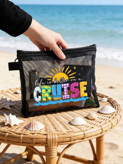 邮轮生活方式字母图案网眼化妆包，饰有椰子树、贝壳、鲸鱼和海星图案，红色带衬垫便携收纳包，化妆包，护肤包，旅行必备，宿舍用品，结婚礼物，母亲节礼物，生日礼物。