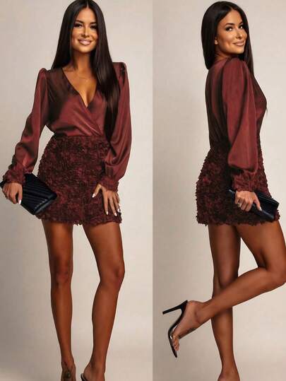 Elegant Women Long Sleeve V Neck Dress With Rose Applique Skirt, Perfect For Party Wear