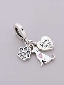 1 Piece 925 Sterling Silver Pet Lover Triple Dangle Charm, Best Friends Dog Paw Heart Zirconia Bead DIY Unisex Jewelry Gift For Dog Owners - Q4482 - View 2
