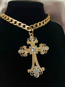 1pc Fashionable Rhinestone Hollow Cross Punk Style Titanium Steel Gold Pendant Necklace, Suitable For Party, Festival And Daily Wear, 2026 New Arrival - Gold - View 4