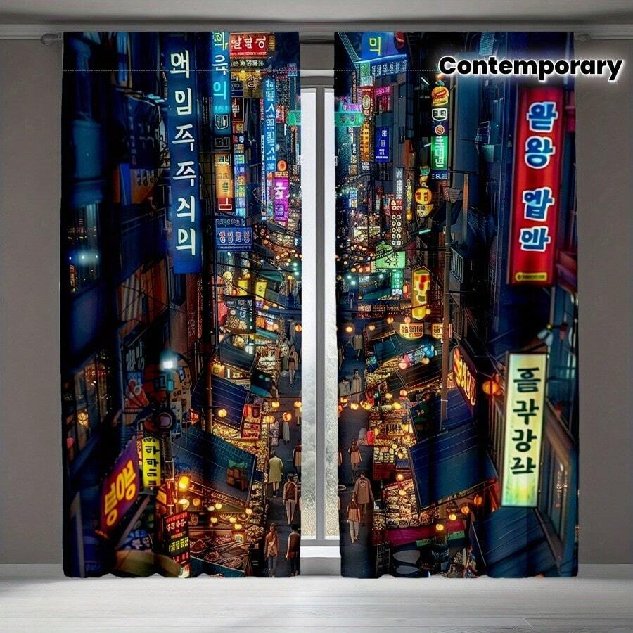 2pcs Vibrant Korean Street Scene Curtains - Contemporary Polyester, Machine Washable, Semi-Transparent With Rod Pocket Design For Bedroom & Various Rooms - 21.65x59/29.53x65.35/41.34x82.68/44.5x90.55 Inch, Curtains For Living Room - Nhiều màu - Xem 1