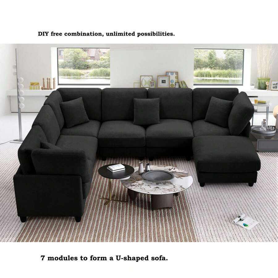 7-Seater Corduroy Modular Sectional Sofa, L-Shaped Couch, U-Shaped Sectional Sofa With Footrest, 4-Pack Shipping, Living Room Furniture, Darkgray - 黑灰色 - 查看 1