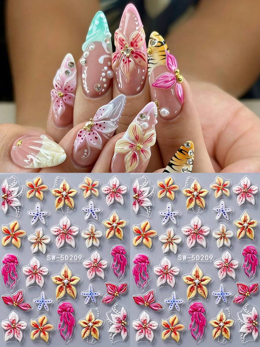 2pcs/Set Summer Ocean Style 5D Embossed Hibiscus Stickers, Shell & Jellyfish Pattern Self-Adhesive Nail Art Decorations, Women Manicure Supplies - Multicolor - View 1