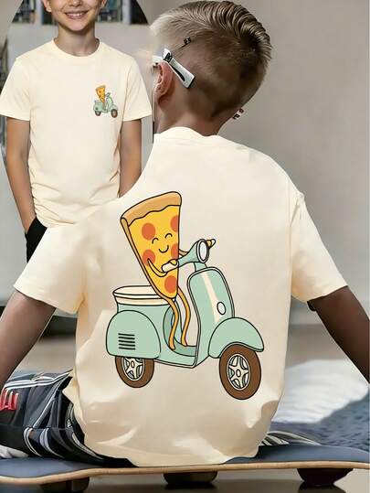 男孩骑披萨卡通印花T恤，面料柔软舒适，适合男孩户外运动、休闲穿着、街头风、校园风等场合，是春夏时尚百搭的休闲上衣。