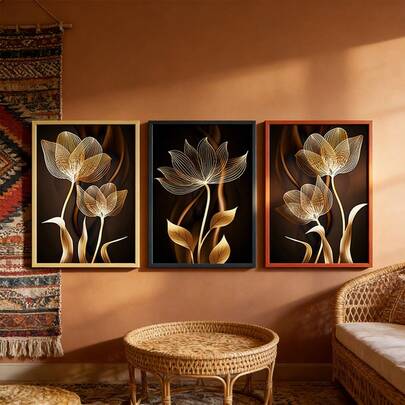 三件套植物抽象花卉墙画装饰画，热带植物装饰海报，家居装饰挂画，创意理想家居礼品，适用于客厅、书房、卧室、浴室、厨房，无框帆布海报