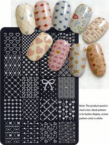 1pc Little Heart Bow Nail Art Stamping Plate, Y2K Style Printing Template Nail Art Accessory Tool, DIY Manicure Salon, Nail Supply - Silver - View 1