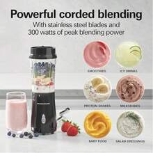 Licuadora personal Hamilton Beach 51101B con tapa para viaje, vaso de plástico resistente de capacidad  414 ml (14 onzas) , color negro, cuchillas de acero inoxidable, para batidos, frutas, bebidas, La base compacta viene con un cable de 24 pulgadas - Tipo de Enchufe A USA (110-127V) - Ver 2