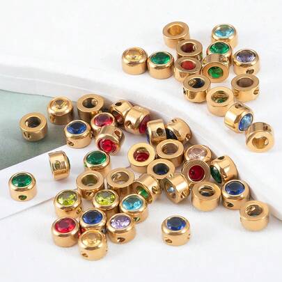 10pcs 6mm Colorful Birthstone Beads With Hole, Stainless Steel Pendant, Suitable For DIY Necklace, Bracelet, Earring Jewelry Making