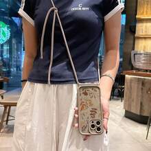 Convenient Lanyard Phone Case With Adjustable Lanyard And Shoulder Strap, Brown Autumn Leaf Design, Lightweight Shockproof TPU Protective Case Compatible With Apple Phones - Brown - View 4