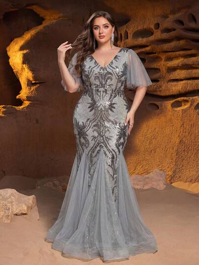 Faeriesty Plus Size Women's Deep V-Neck Sequin & Pearl Mesh Flare Sleeve Fitted Fishtail Hem Evening Dress, Suitable For Wedding Ceremony, Bridal Photoshoot, Formal Gala, Romantic Anniversary, Birthday Party And Other Occasions