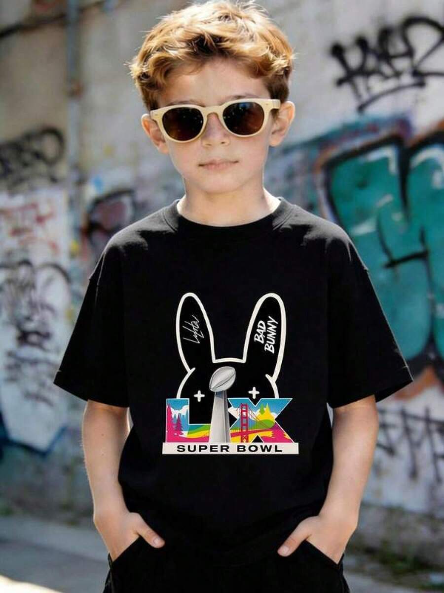 Playeras de niño ropa de niñaBoys' Cute Big Rabbit Pattern Black Crew Neck Short-Sleeve T-Shirt - Negro - Ver 1