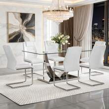 MUUOKY Modern Dining Table Set For 6,  63'' Tempered Glass Dining Table With Silver Base, Dining Table Set For Living Room, Dining Room, Kitchen, Office, Table Set For Halloween Christmas Gift, Water-Resistant & Easy Clean, Ergonomic Design, Furniture, Home Decor, Easy To Assemble - 白色 - 查看 2