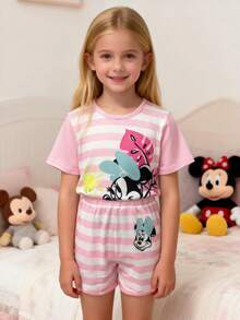 Disney 2pcs/Set Girls Elegant Minnie Mouse Striped Cartoon Print Short Sleeve T-Shirt And Sports Shorts, Cute Versatile Comfortable Girls Outfit, Suitable For Daily Casual, Outing, Vacation, Beach, Party, Birthday, Gift - Pink - View 6
