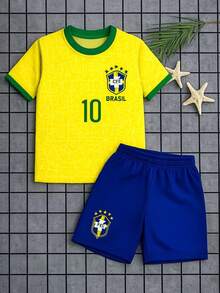 2-Piece Kit: Brazil World Cup Shirt And Shorts Set For Boys Ages 2-14. Lightweight And Comfortable Fabric. - Yellow - View 3