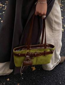 1pc Low Tea Solid Color Suede Fabric Shoulder Bag, Women's Retro Fashion Square Shoulder Bag With Top Double Handles, Zipper Closure, Suitable For Travel, Shopping, Dating, Women's Gift, Great For Commuting, Outdoor, Travel, Hiking , Green - màu xanh lá - Xem 5